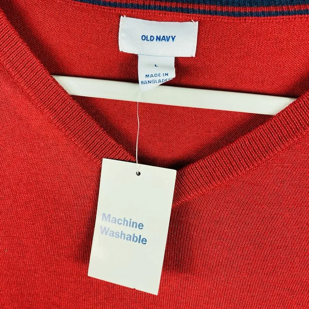 Old Navy Sweater Men's Large Red Everyday V-Neck Cotton Blend Pullover